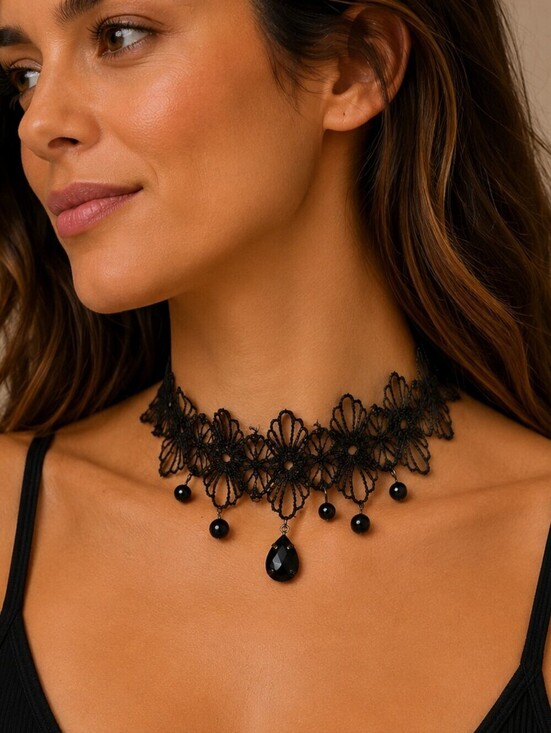 Private Label Jewelry - Witchy Goth Flapper Black Lace Pearl Teardrop Pendant Choker Necklace